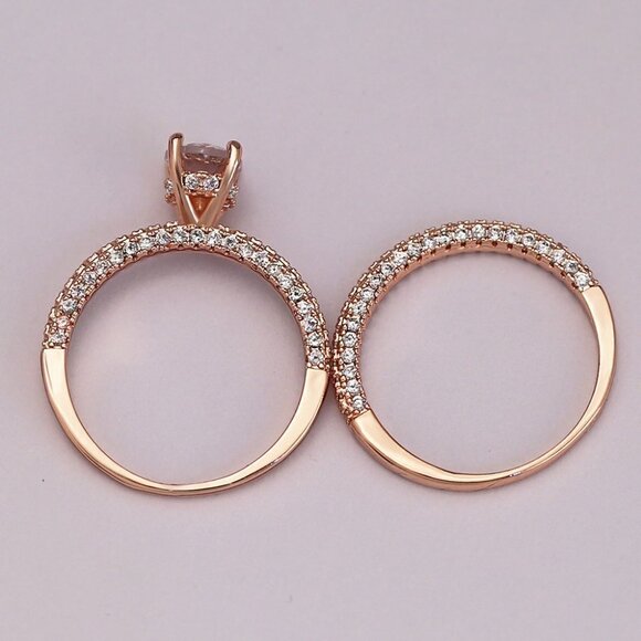 💍 Dainty Oval Gemstone Anillo Micro Pave Rose Gold Ring Set for Women, VIP590 - Picture 4 of 4